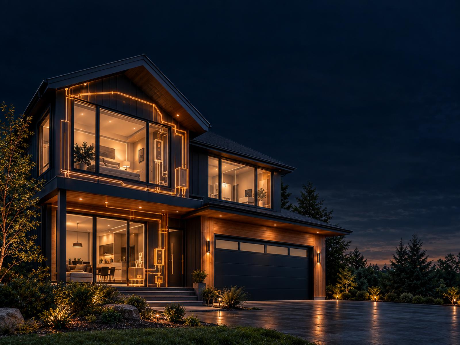 Illustration of a modern home with its HVAC, plumbing, electrical and kitchen systems highlighted